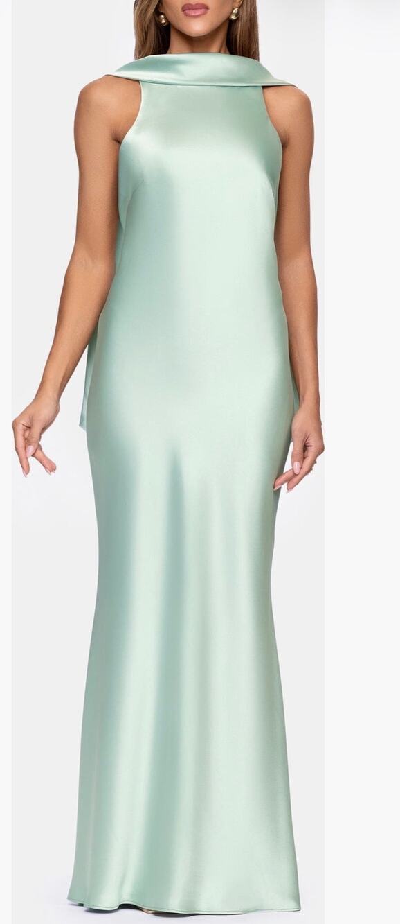 Xscape Evenings Satin Tie Back Mermaid Gown 4 Sage Green